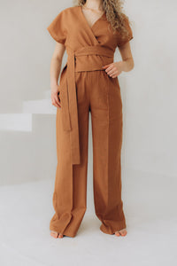 Brown linen trousers for women