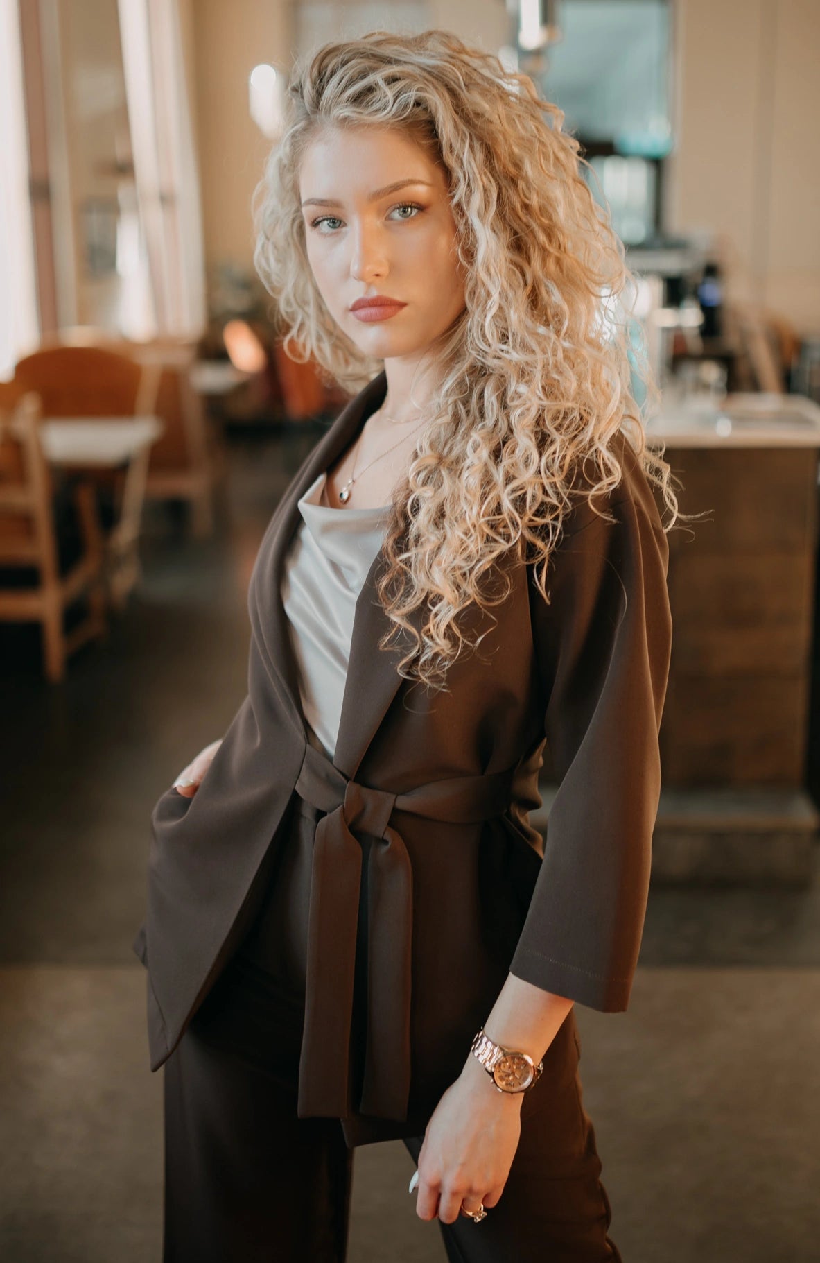 Brown tie waist blazer