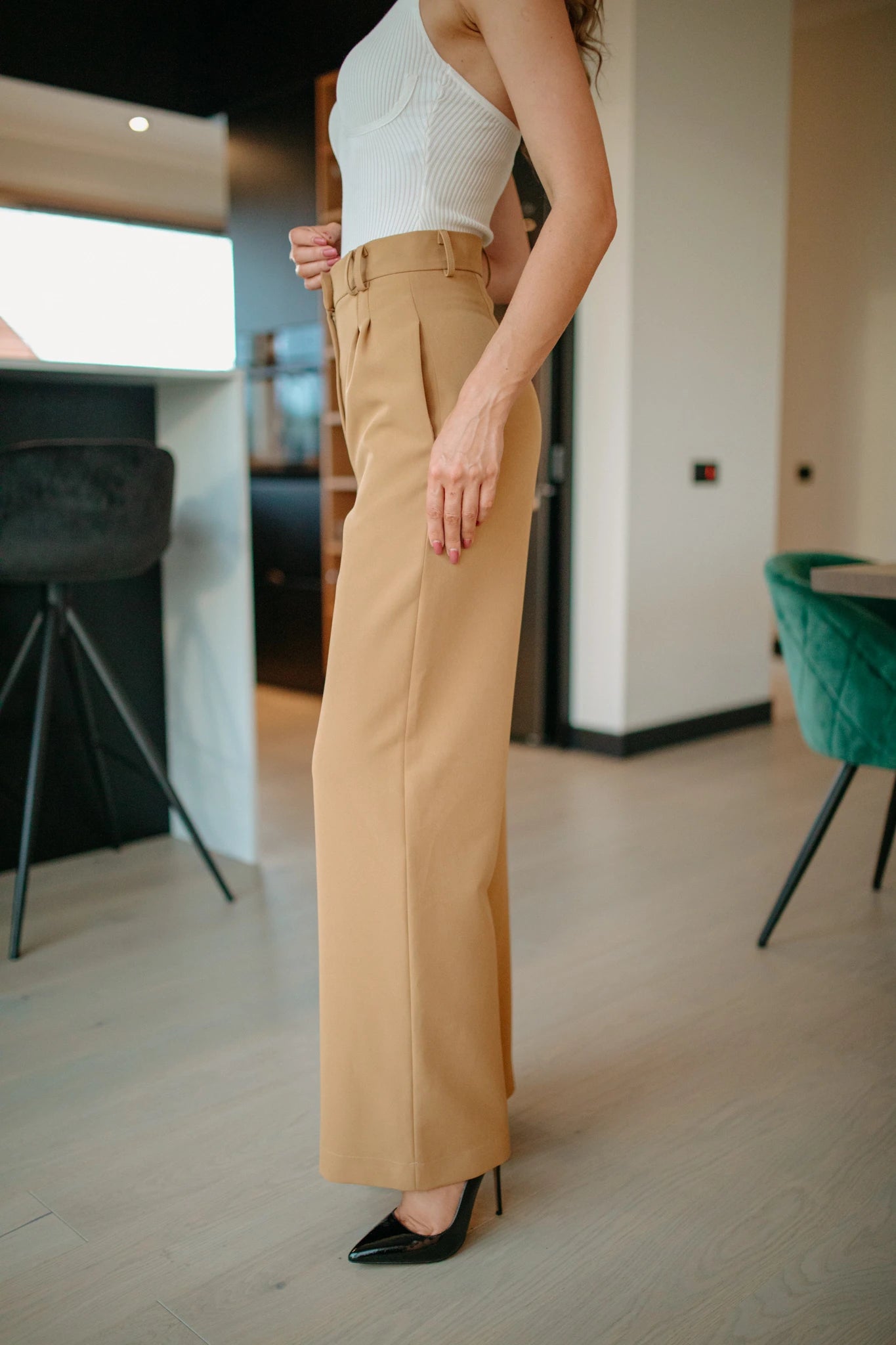 Camel high waisted wide leg trousers