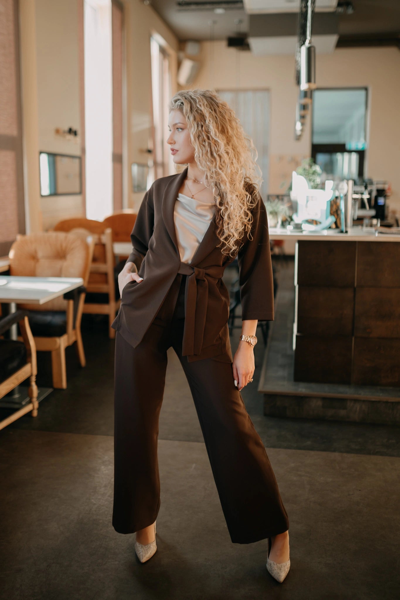 Dark brown blazer with tie waist