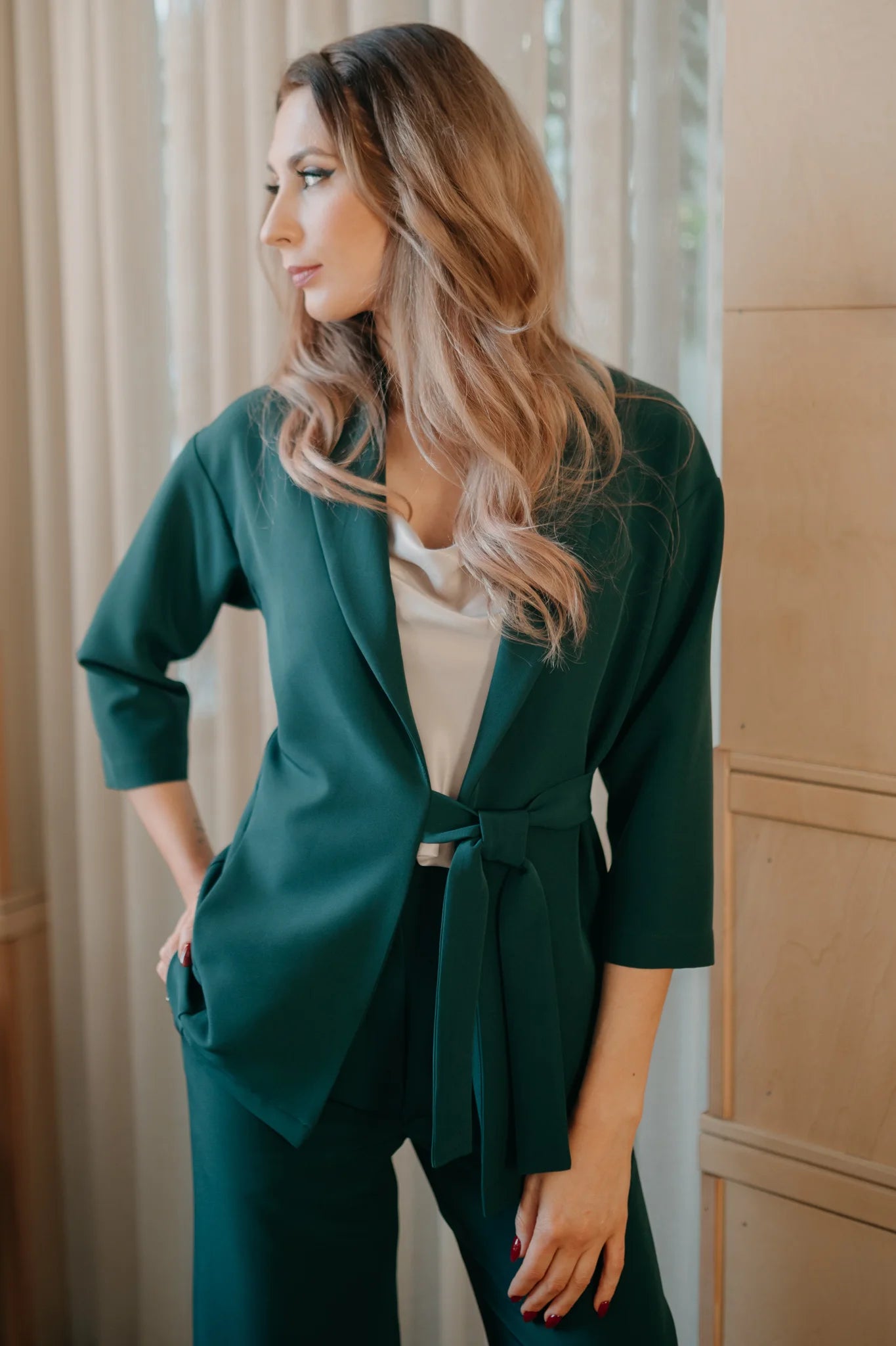 Emerald green blazer with belt