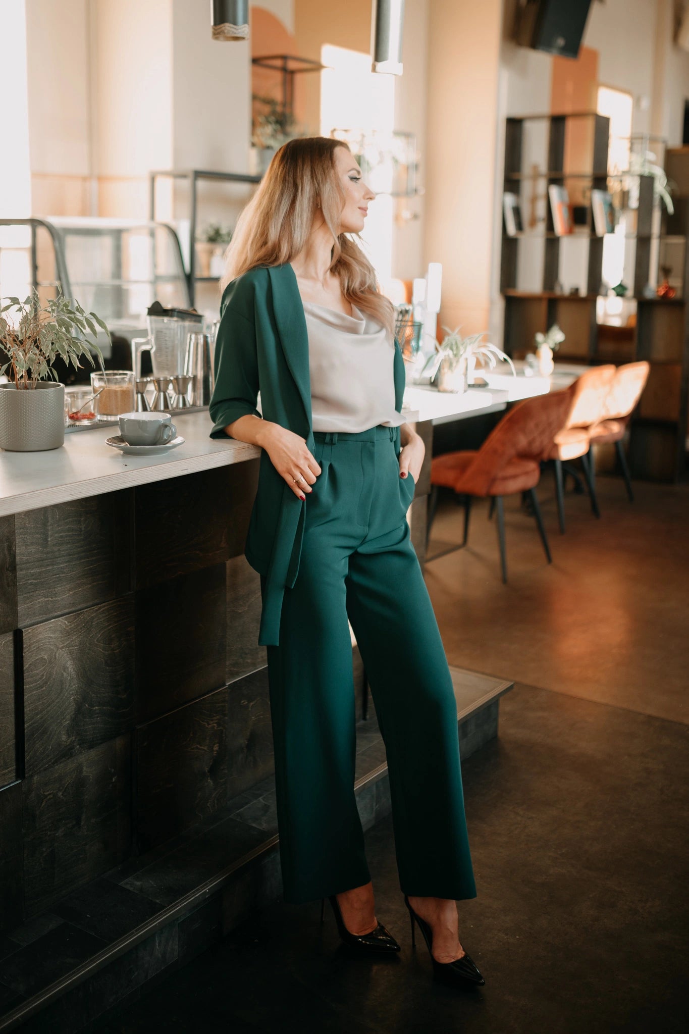 Green blazer with belt