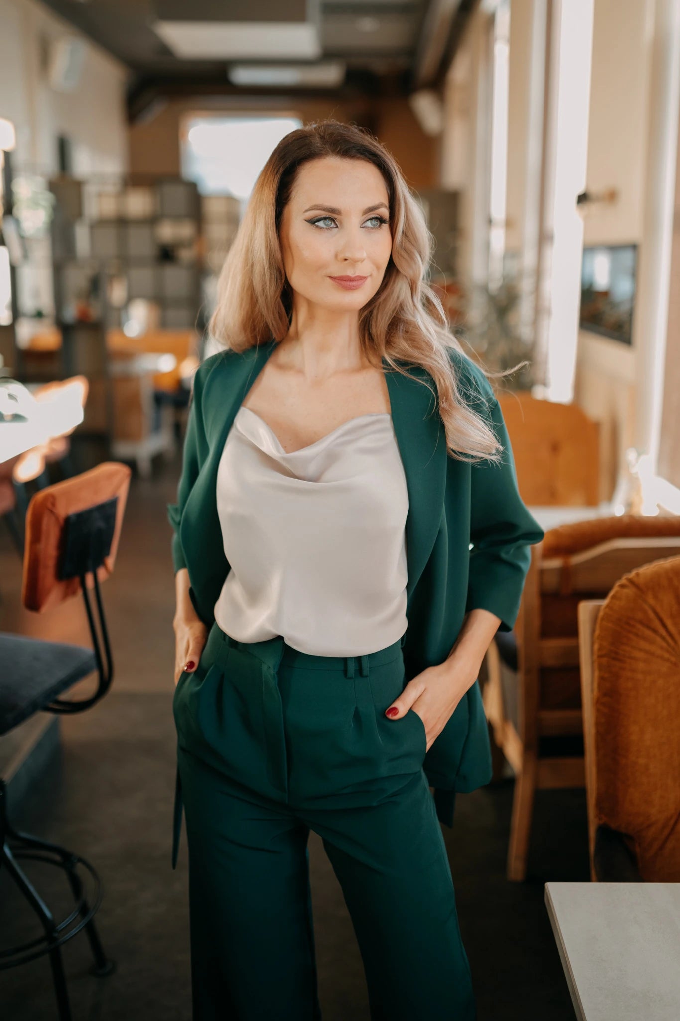 Green blazer with tie waist