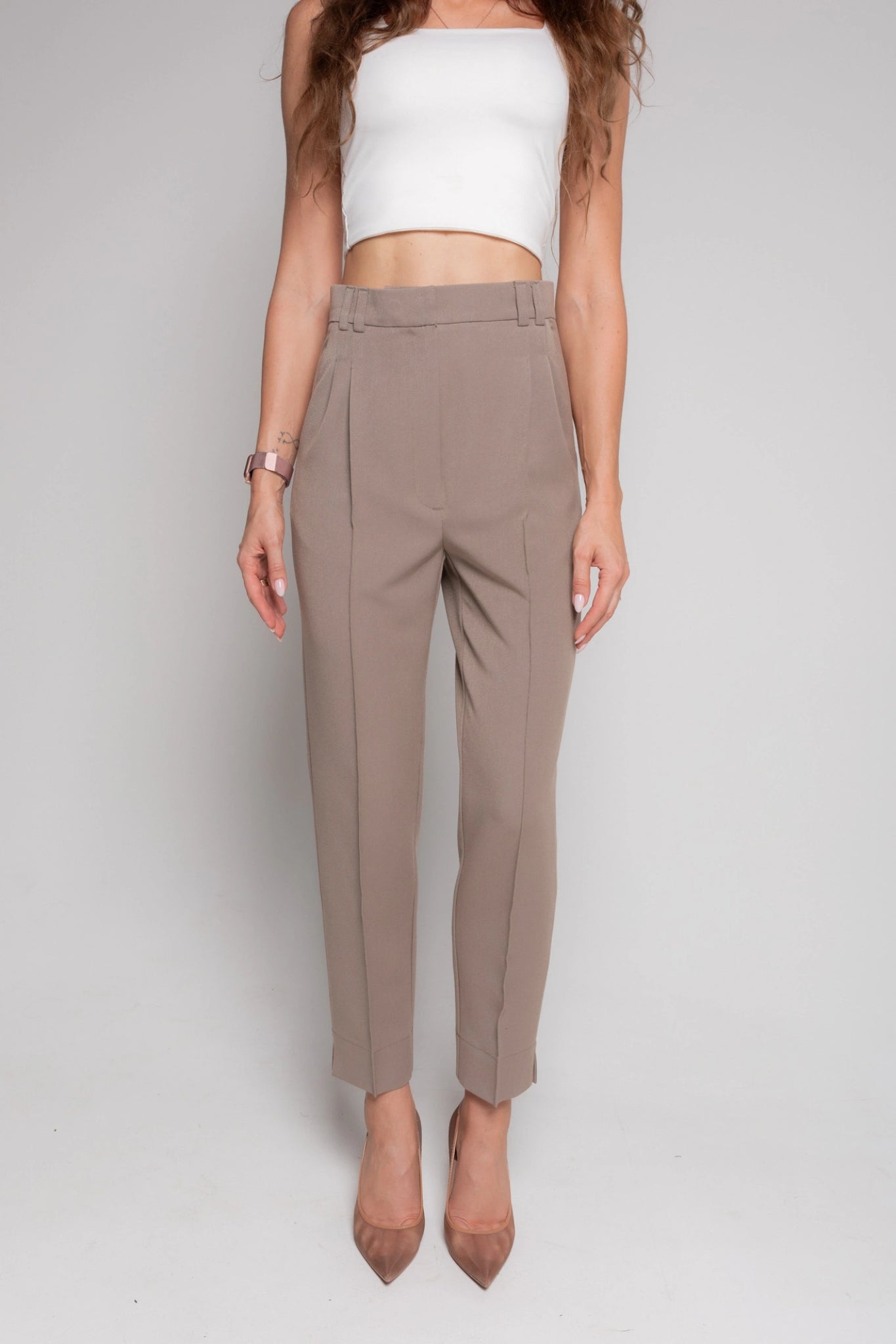 High waisted taupe trousers