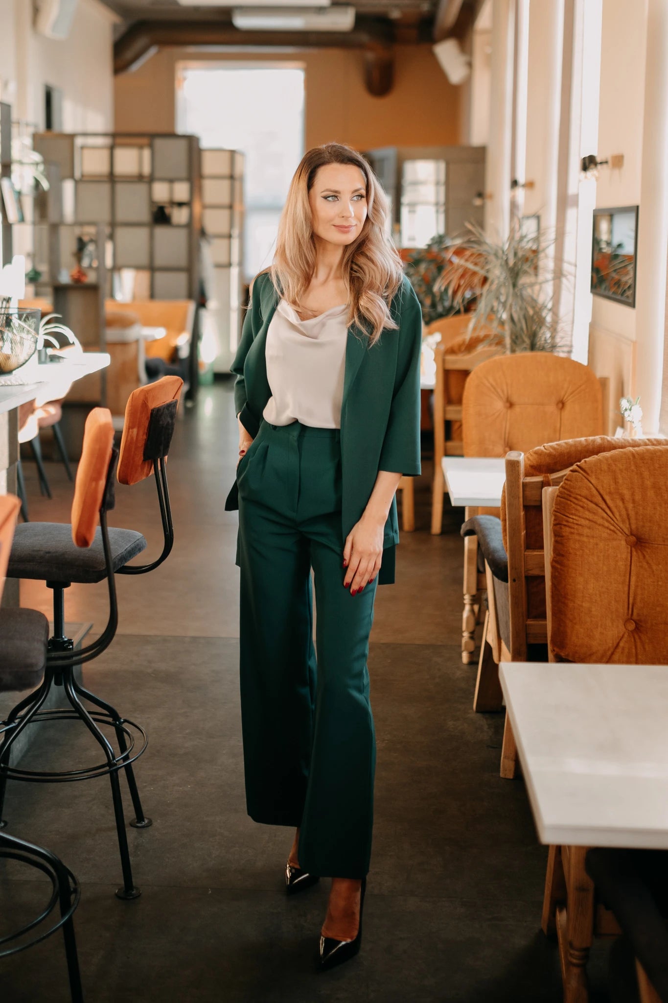 High waisted wide leg green trousers