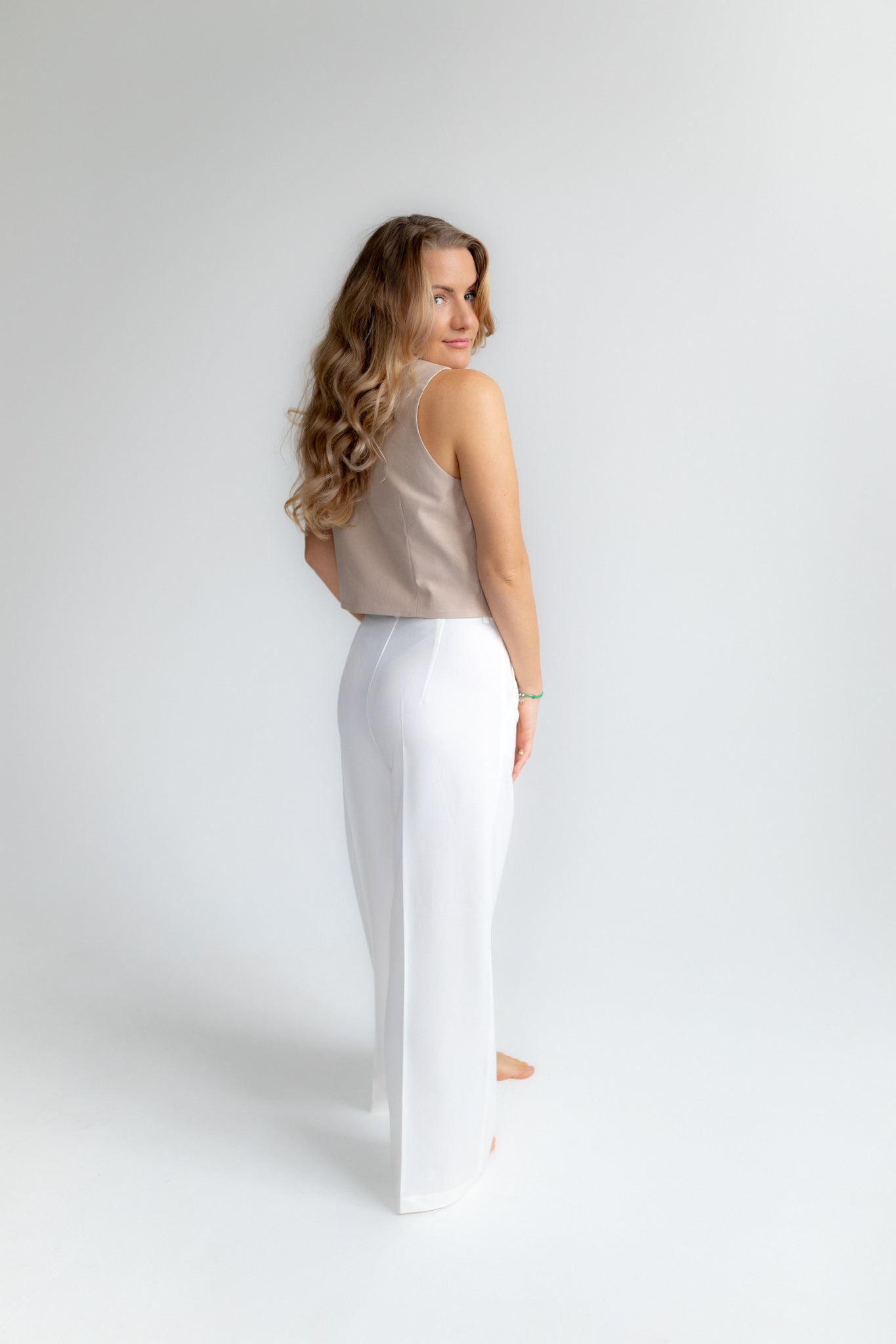 High waisted wide leg white trousers