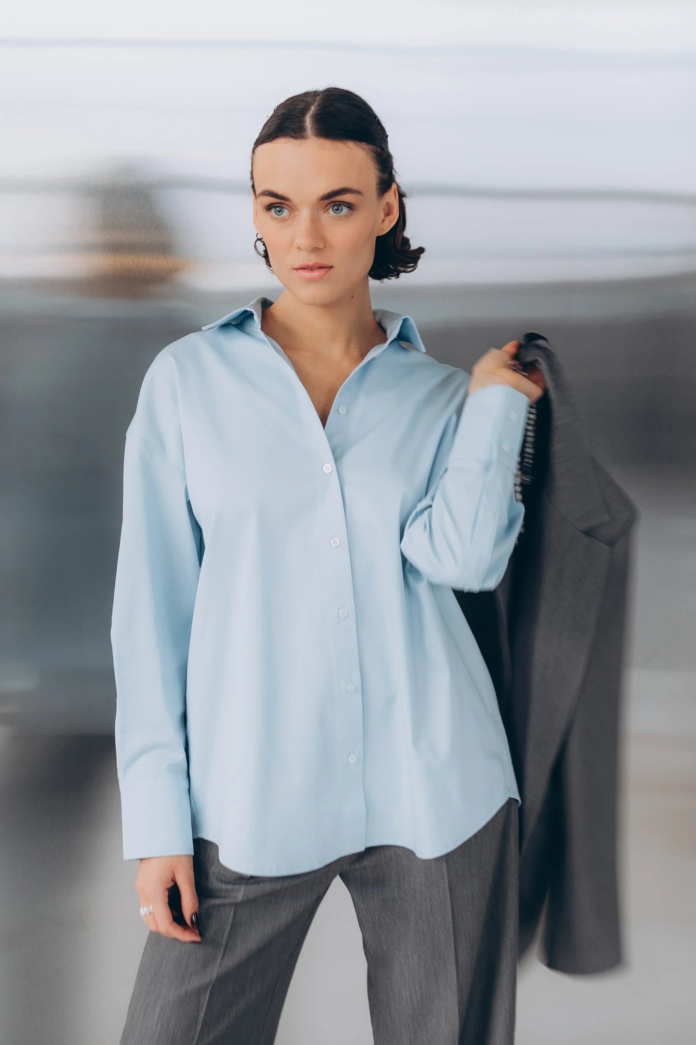 Womens light blue button down shirt